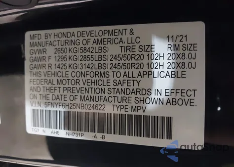 2022 Honda Pilot Awd Special Edition из США, поврежденный, VIN 5FNYF6H25NB024622